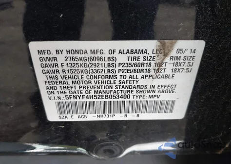 2014 Honda Pilot Ex-L from USA, damaged, VIN 5FNYF4H52EB053400